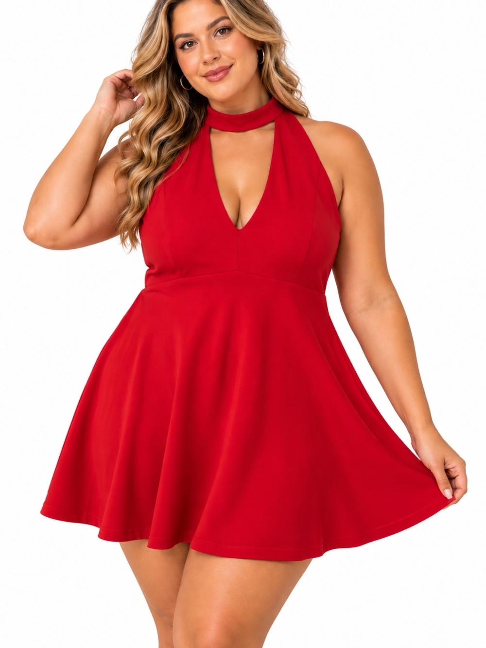 Forever 21 Red Plunge Choker Neck Flare Mini Dress